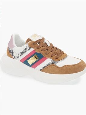 $570 Roberto Cavalli Women’s Suede Jilly Sneaker 8M Taupe White Animal Print